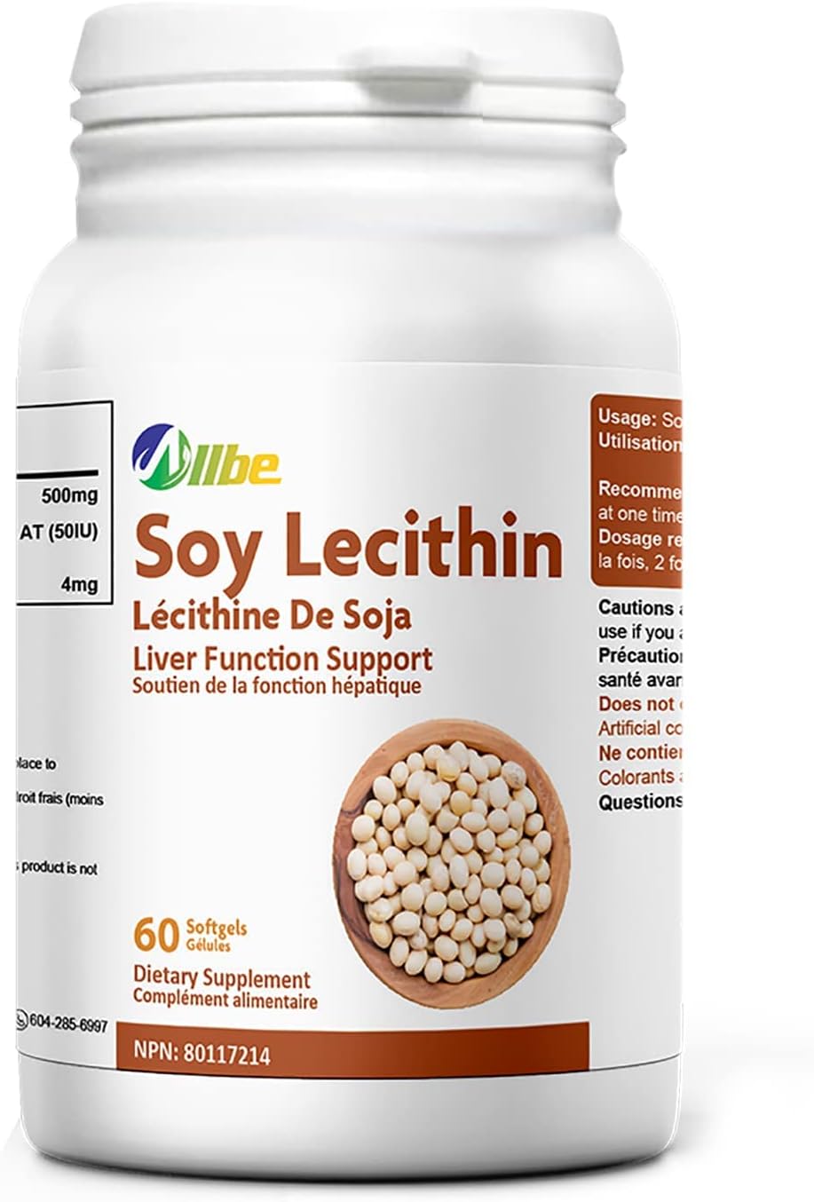 ALLBE Soy Lecithin Softgels, 500mg Lecithin with 4mg BetaCarotene and 50IU Vitamin E Supplement
