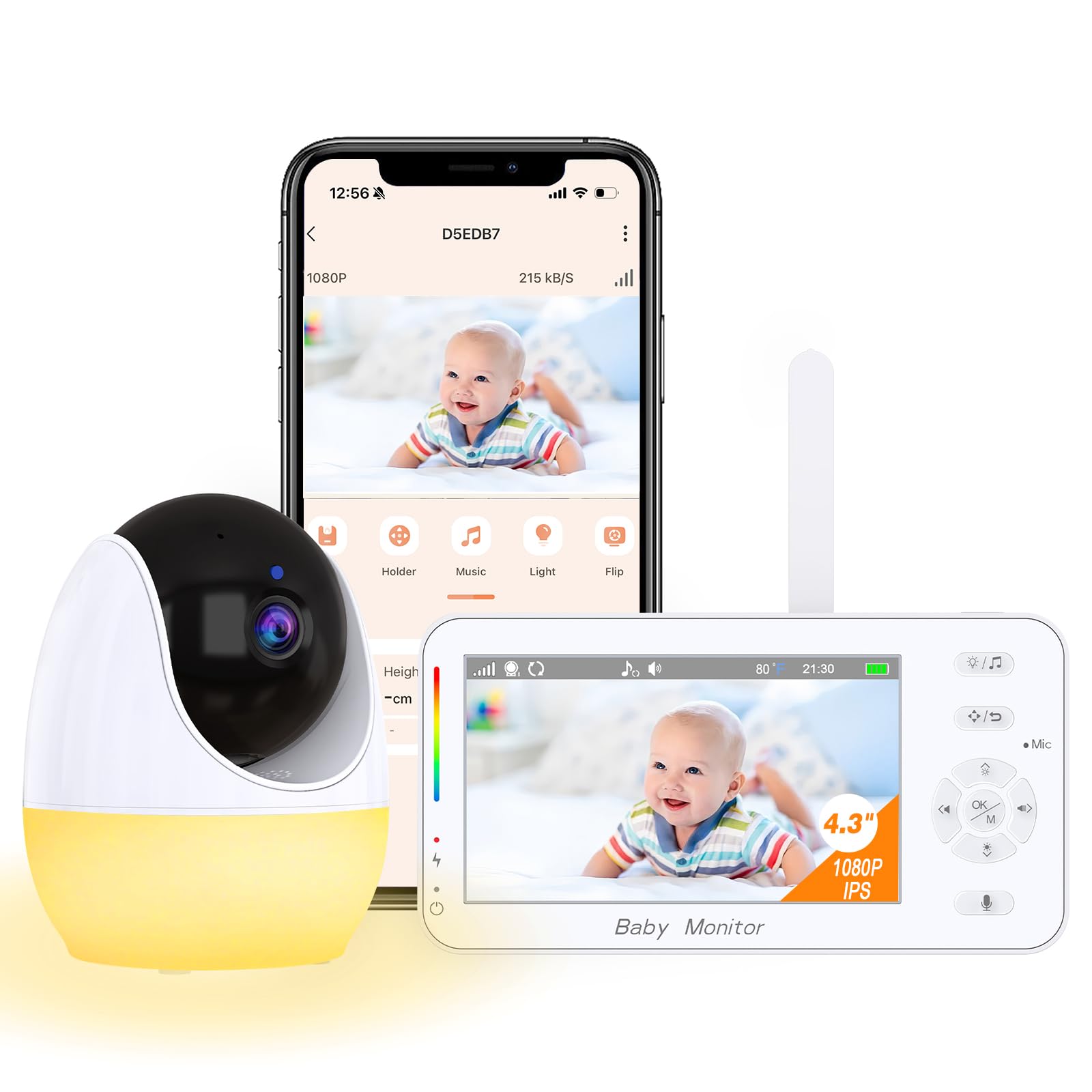 Drepint Babyphone mit Kamera und App, 4,3 Zoll Babyphone mit Zoom, Nachtsicht, Weinen, Bewegung, Geräuscherkennung, Schlaflieder
