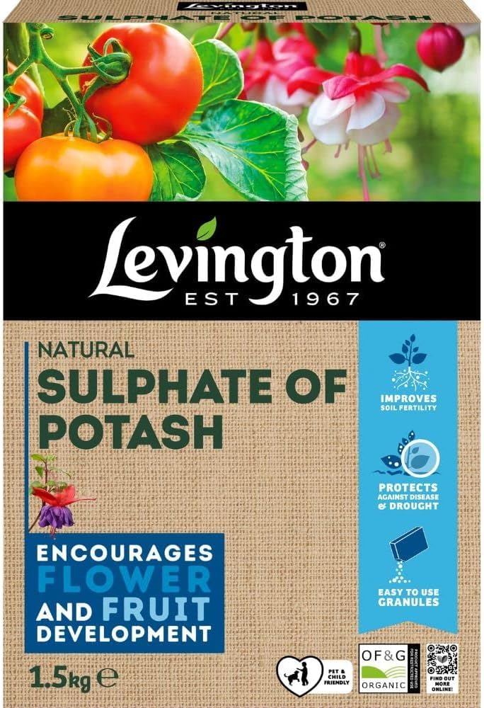 Levington Sulphate Of Potash 1.5kg β High Potassium Plant Food Fertiliser for Stronger Flowers, Fruit Trees, Vegetables, and Shrubs β Promotes Bigger Blooms and Healthier Growth