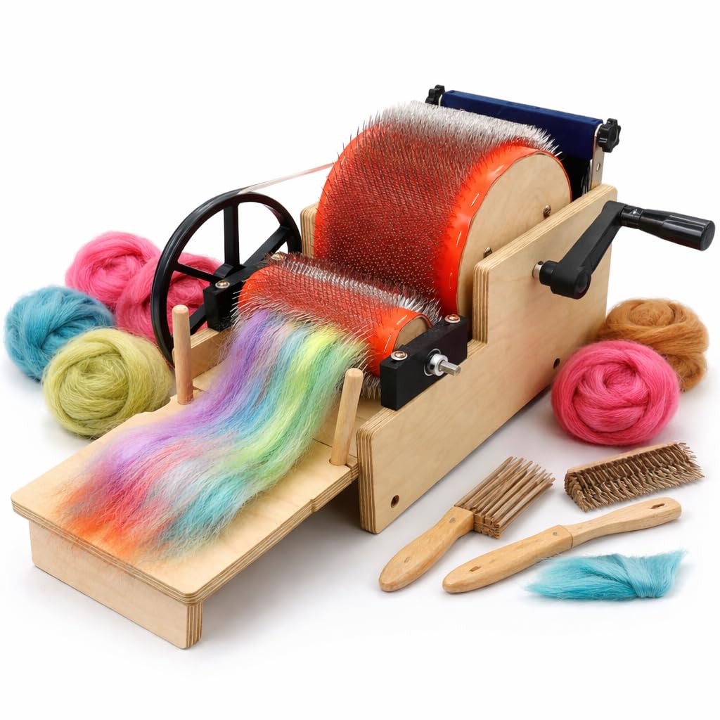 JYBNBBE Manual Wool Carding Machine, 12cm Drum Carder for Wool Fiber Blending, Hand Crank Comb for Color Mixing, Spinning Felting, Wooden Fiber Carder for DIY Crafts