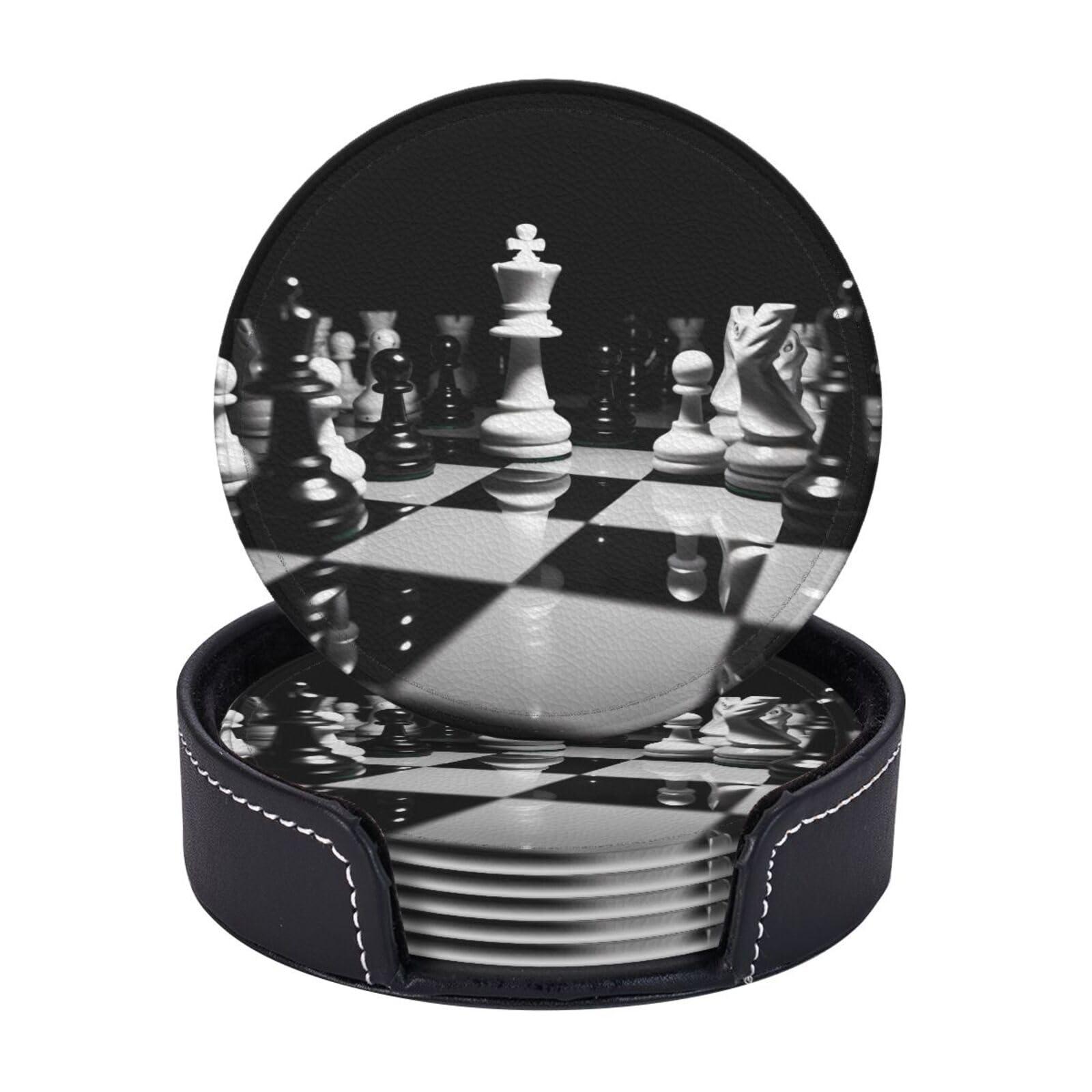 Round Coasters for Drinks Set of 6 - PU Leather Coasters with Holder - Modern Drink Coasters for Coffee Table - Black and White Chess Coaster for Tabletop Protection 4" Cup Mat Pad