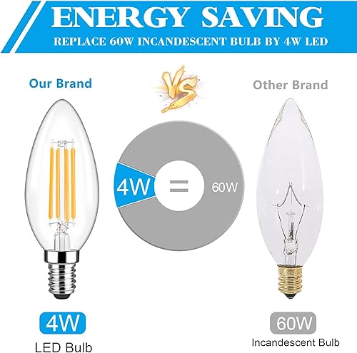Miniatura 3 de Aiyomt Paquete de 5 bombillas LED C35 de 4 vatios equivalentes a bombillas incandescentes de 40 W, 3000 K blanco cálido 500 lúmenes, bombillas de