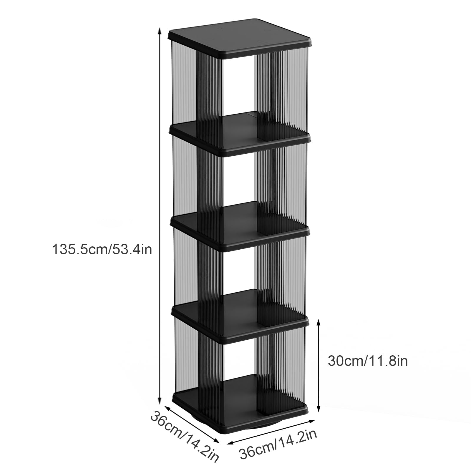 ELPHECO Drehbares Bücherregal, 4 Etagen, Kunststoff, Schwarz, Classic, Eck-Bücherregal für kleinen Raum, 360-Grad-Display, Organizer für Wohnzimmer, Schlafzimmer, Arbeitszimmer