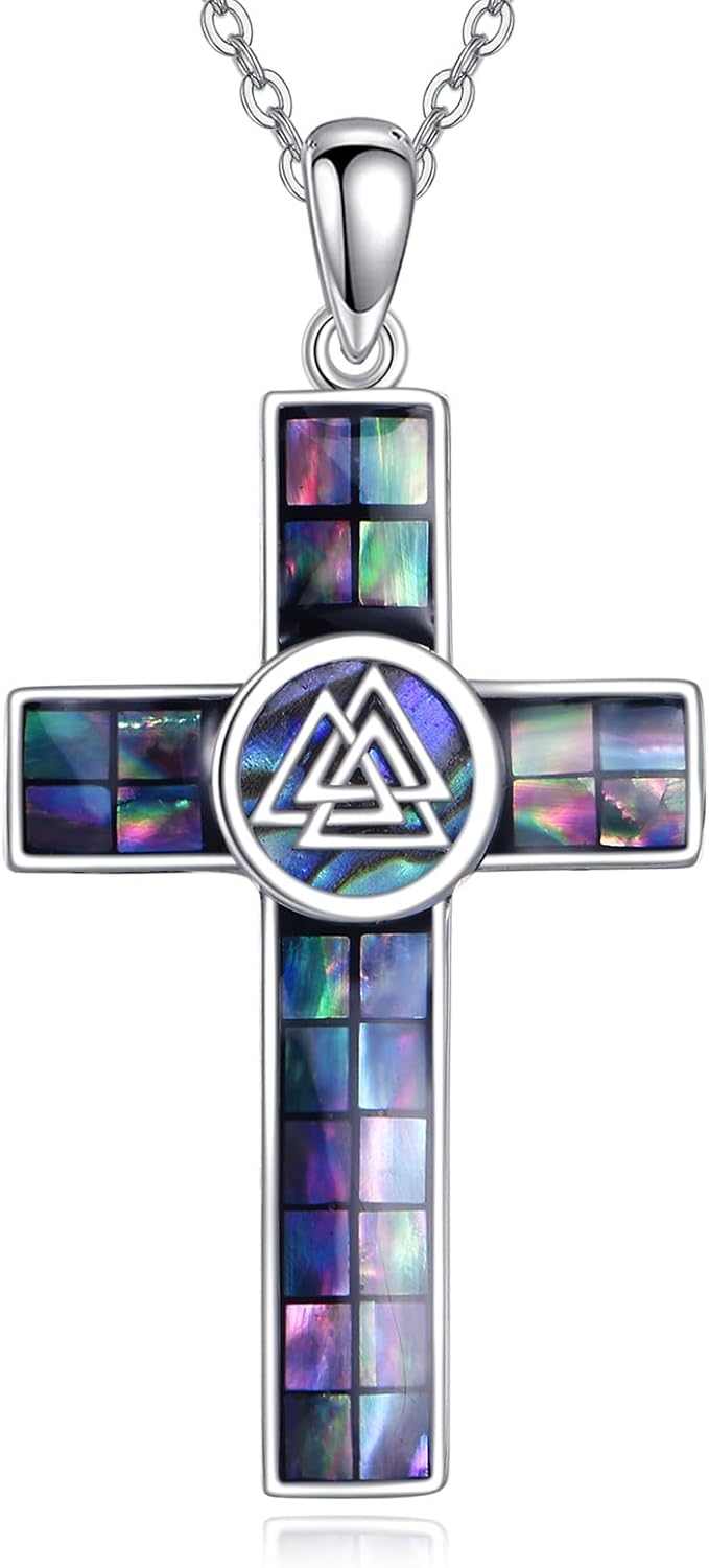 Cross Necklace 925 Sterling Silver Religious Cross Pendant Abalone Shell Cross Jewelry Christian Gift for Women Men