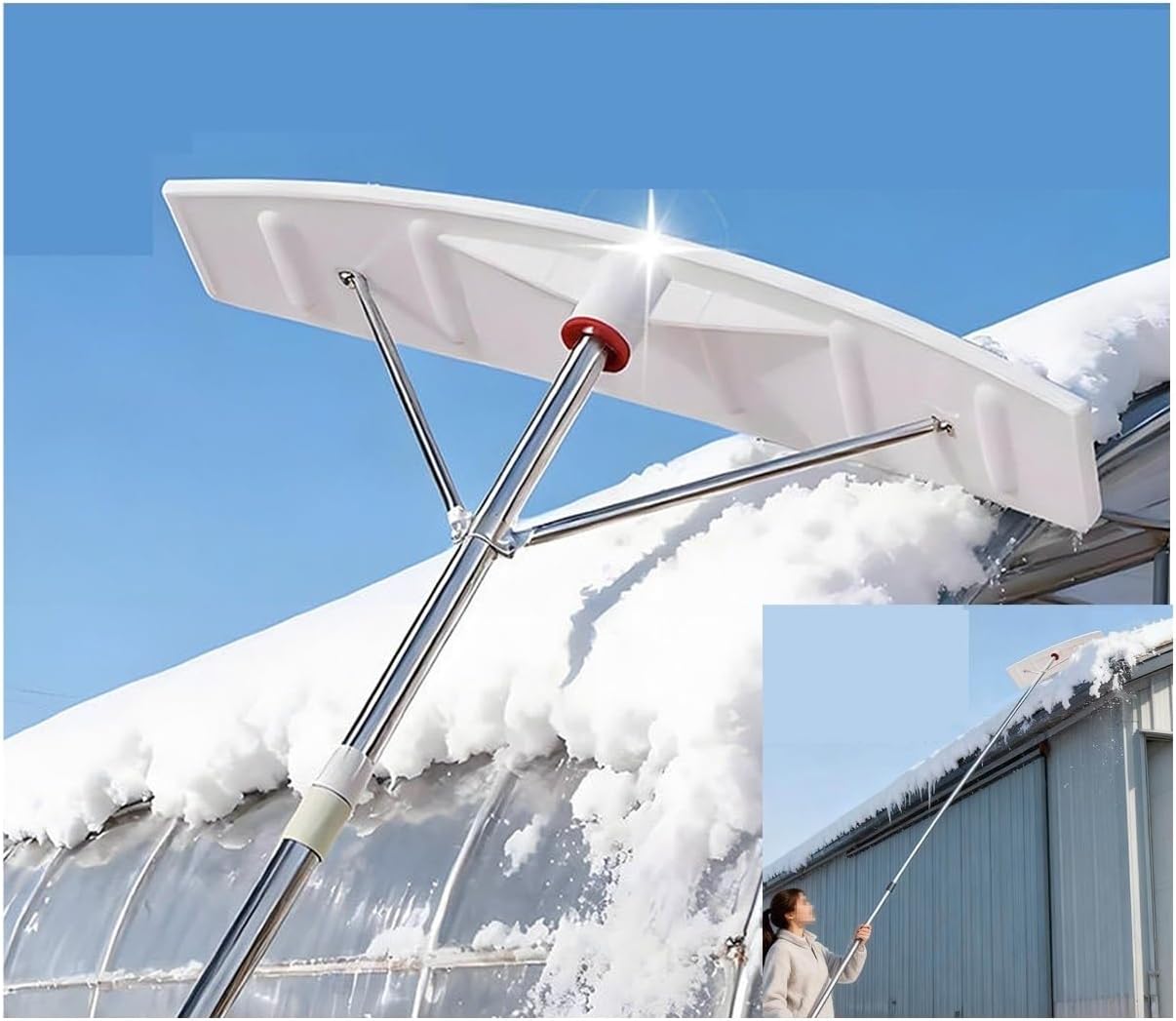 Roof Rakes for Snow Lengthen，Roof Snow Removal Tool with 3-6M Metal Telescopic Pole ，30-inch Plastic Scraper Head ，for Clear Winter Housetop /Greenhouse/Street＆Factory Snow