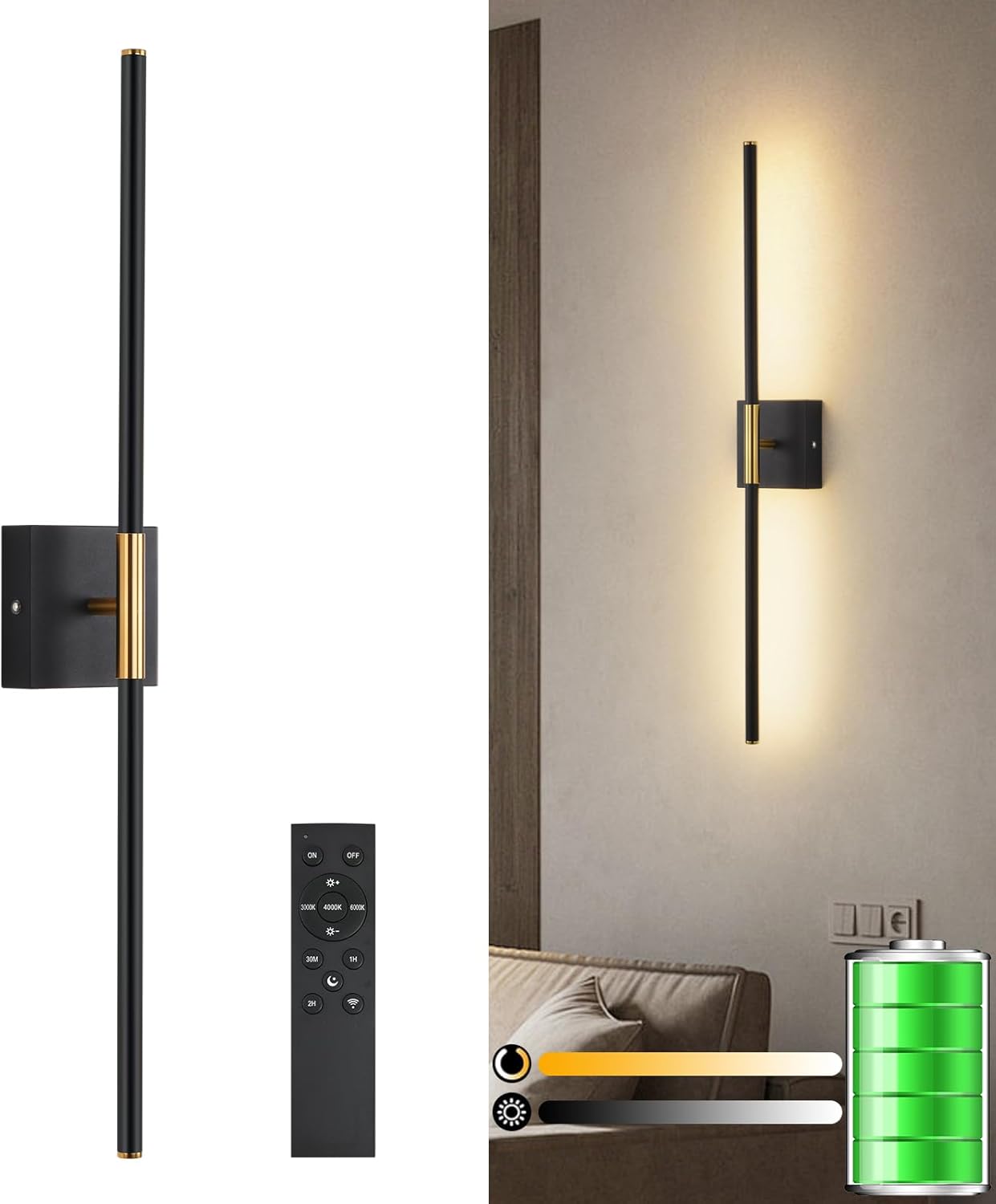 Battery Operated LED Wall Sconces, 3000K-6000K Dimmable Rechargeable Wall Sconces with Remote 360°Rotate Black Gold Wireless Wall Lights for Living Room Hallway Bedroom 24 Inch 1 Pack Black Gold-24in-1Pack-N