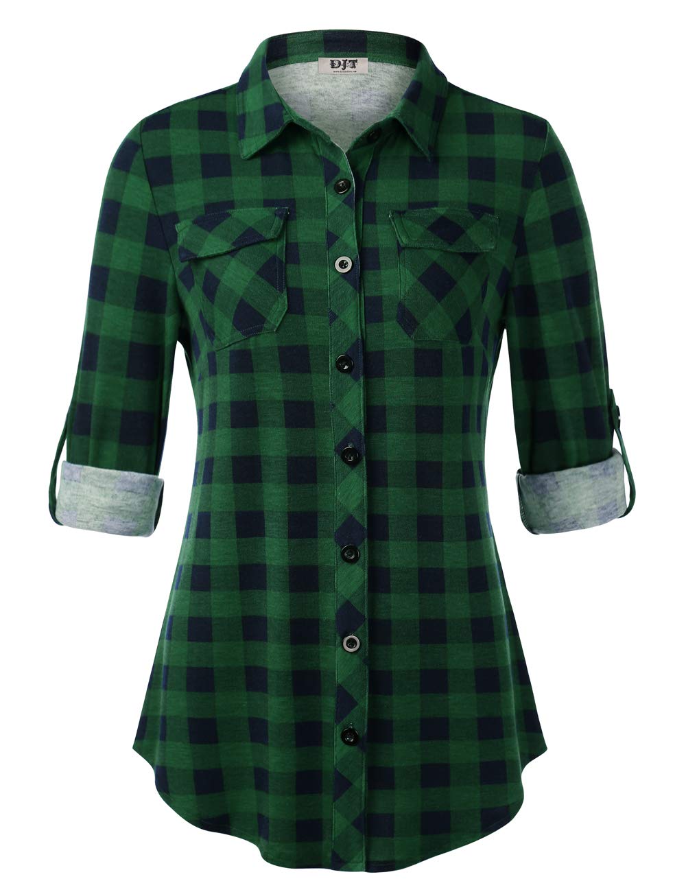 DJTWomens Soft Stretchy Plaid Shirts Roll Up Long Sleeve Collared Button Down Blouses