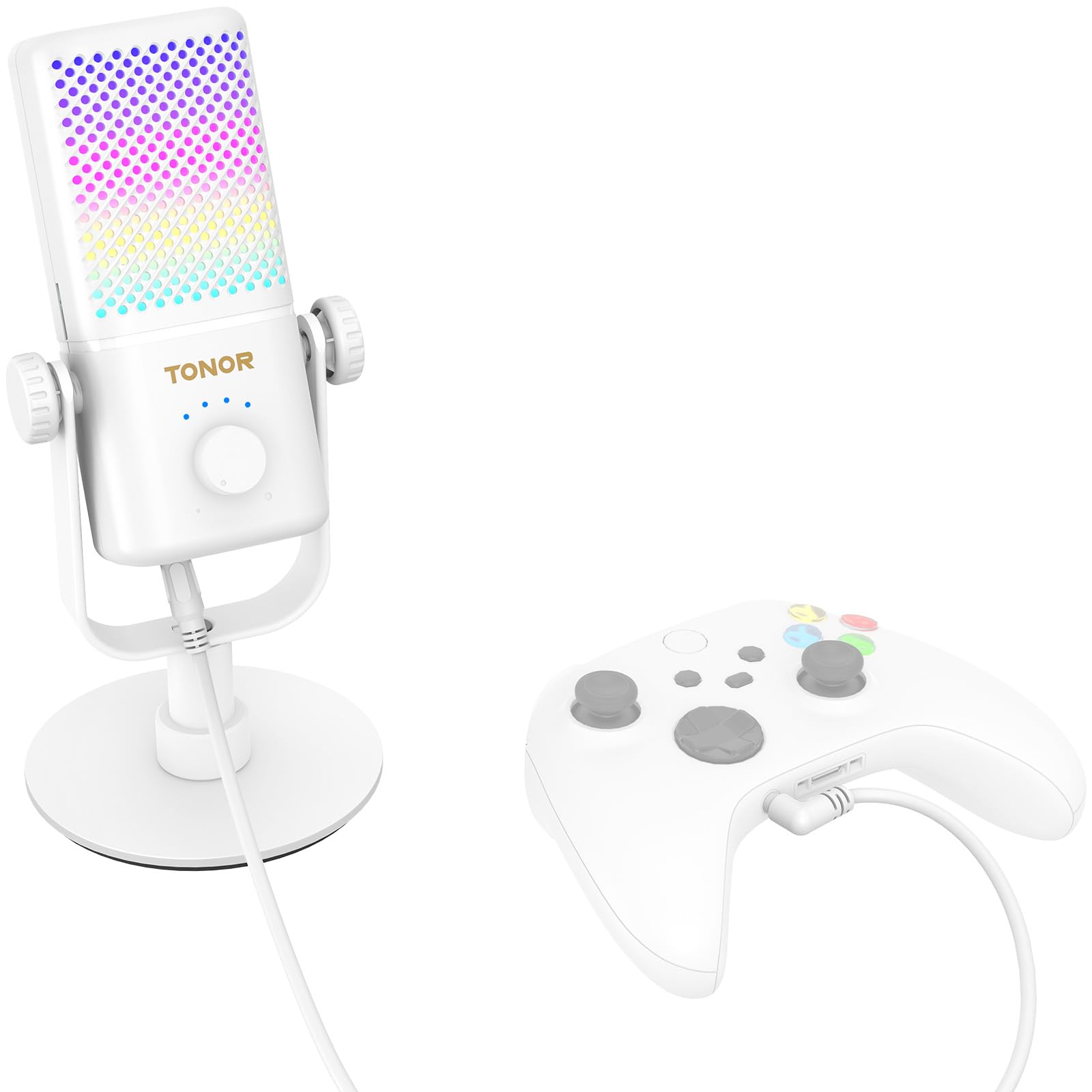 TONOR Gaming Mikrofon Kompatibel mit Xbox, Kondensator Mikrofon mit RGB, Mute/Gain Kontrolle/Überwachung, 30 Std. Akkulaufzeit Microphone für Spielkonsole, 200 cm Kabel, Desktop-Ständer, Weiß, TCX3