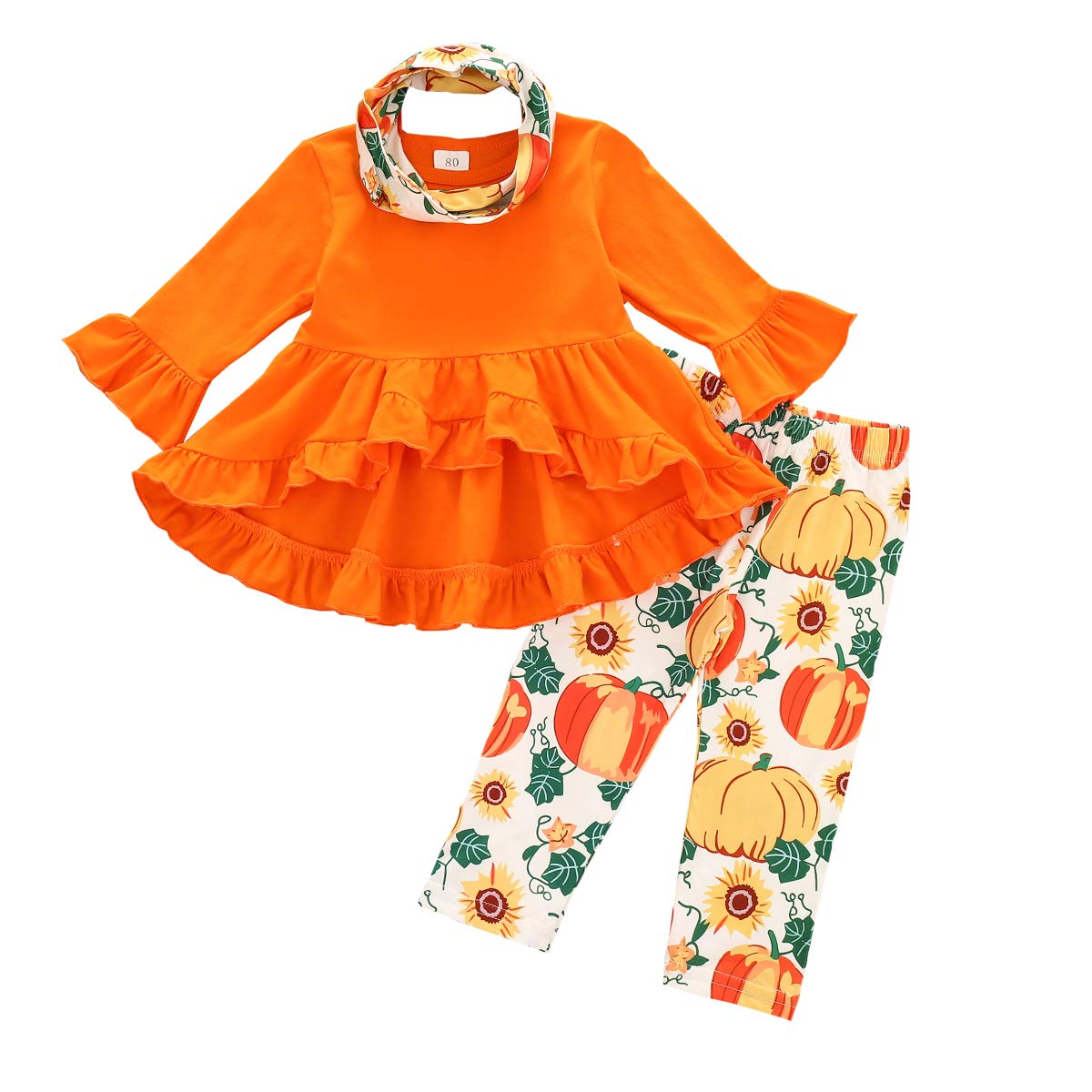 Infant Toddler Baby Girl Halloween Clothes Ruffle Dress Tops Pumpkin Pants Scarf 3Pcs Set