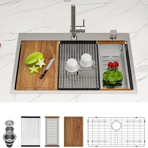 Fregadero de cocina de 33 pulgadas con caída de 33 x 22 pulgadas, fregaderos de cocina de acero inoxidable, montaje superior, calibre 16, repisa