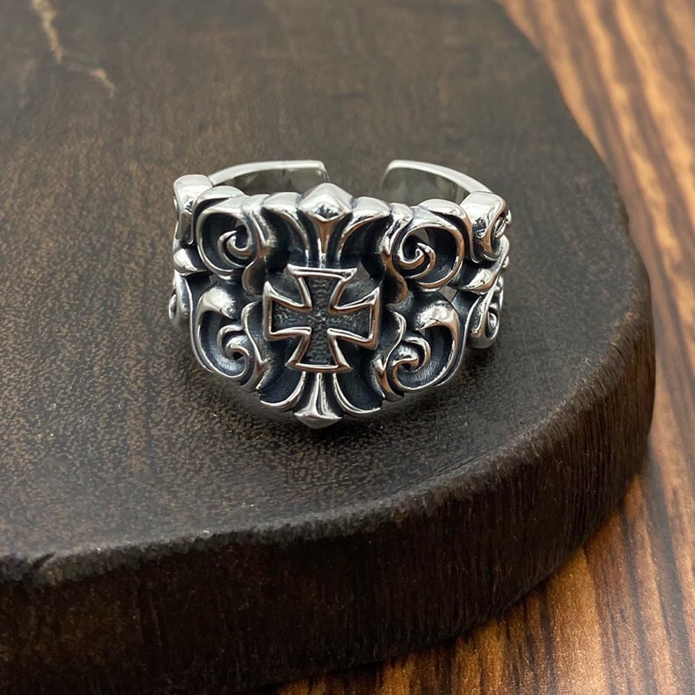 925 Sterling Silver Vintage Wide Band Rings,Cross Ring Biker Adjustable Ring for Men Gifts