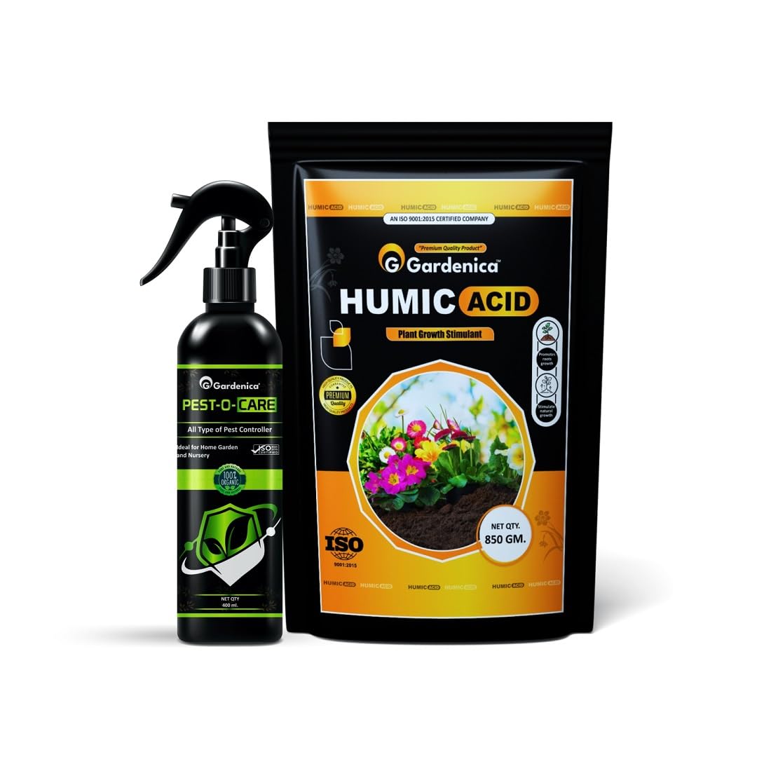 Gardenica Humic Acid and Pest o care combo Humic Acid 98% – potassium Humate and water soluble Organic Fertilizer For all plants and Regulates Larval Damage with Potassium Salt