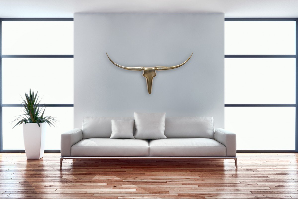 FineBuy Deko Geweih 100 cm Aluminium Gold, Wanddekoration Stierkopf