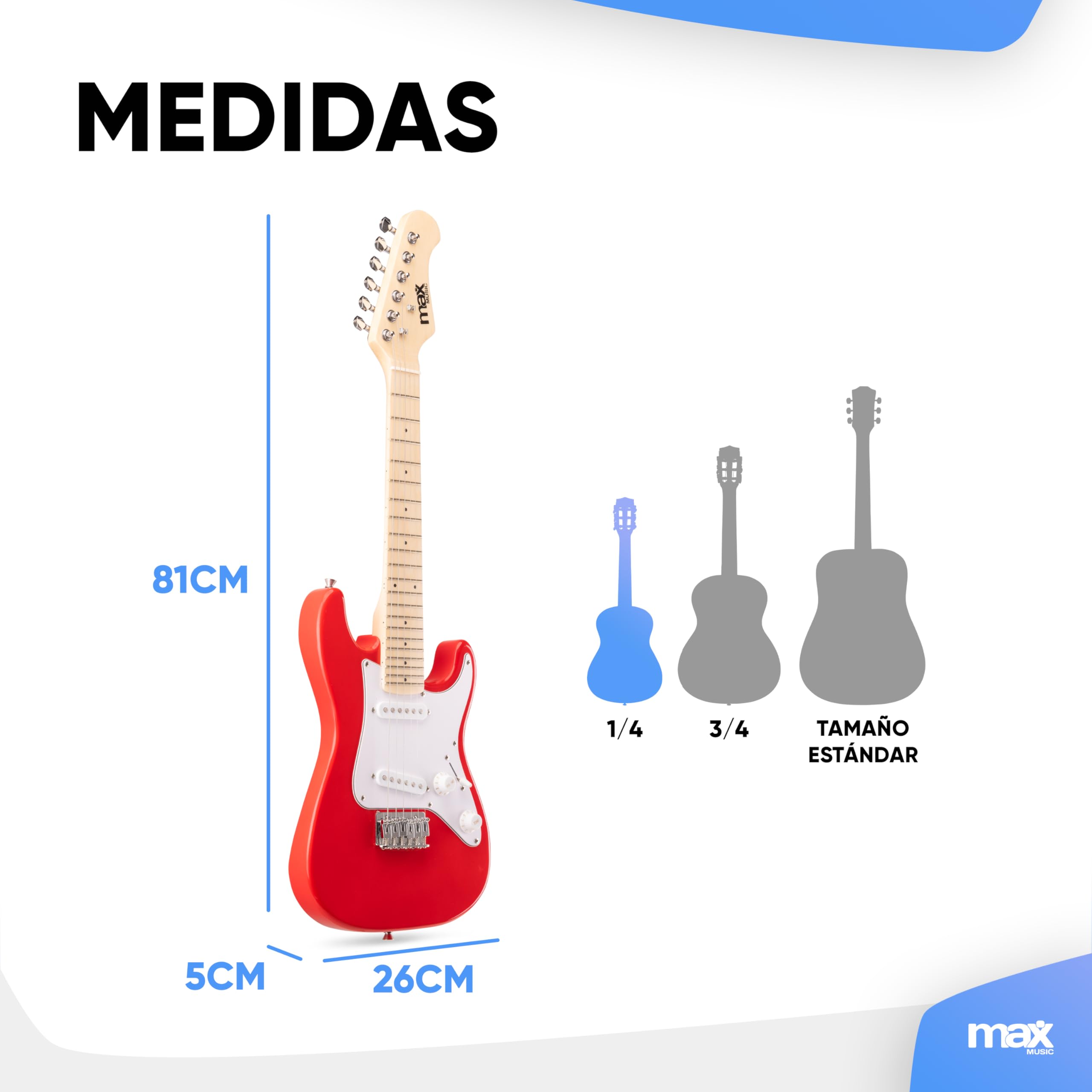 MAX GigKit Junior 1/4 - Guitarra eléctrica color rojo brillante | Tamaño 1/4 para usuarios de 3 a 7 años, amplificador de 10W incluido, incluye funda mochila, afinador y gafas Rock Star