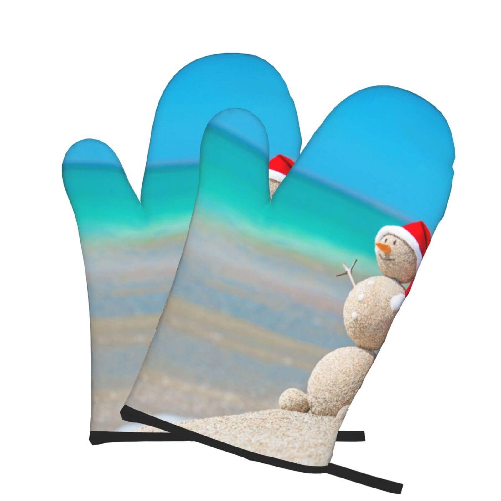 Oven Mitts Set of 2 Pcs, Snowman Seashells Sandy Beach Prints Heat Resistant Kitchen Gloves for Cooking Baking Grilling