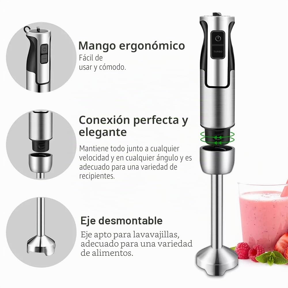 LEHMANN Chopsui Batidora de Mano 1200W, Multifuncional Batidora Mano Acero Inoxidable, 8 Ajustes de Potencia Más Turbo, Set Accesorios, Ideal para Papillas, Sopas, Batidos, Purés, Salsas