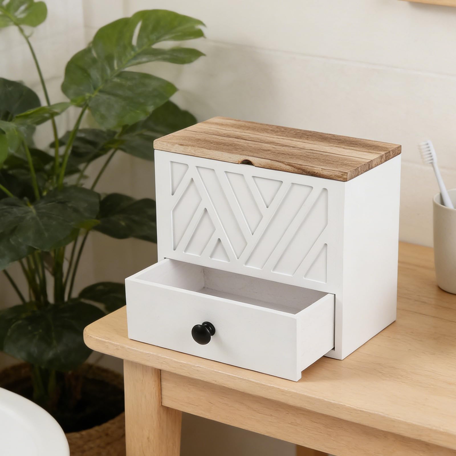 Organizer per Assorbenti in Legno Bianco con Cassetto e Coperchio