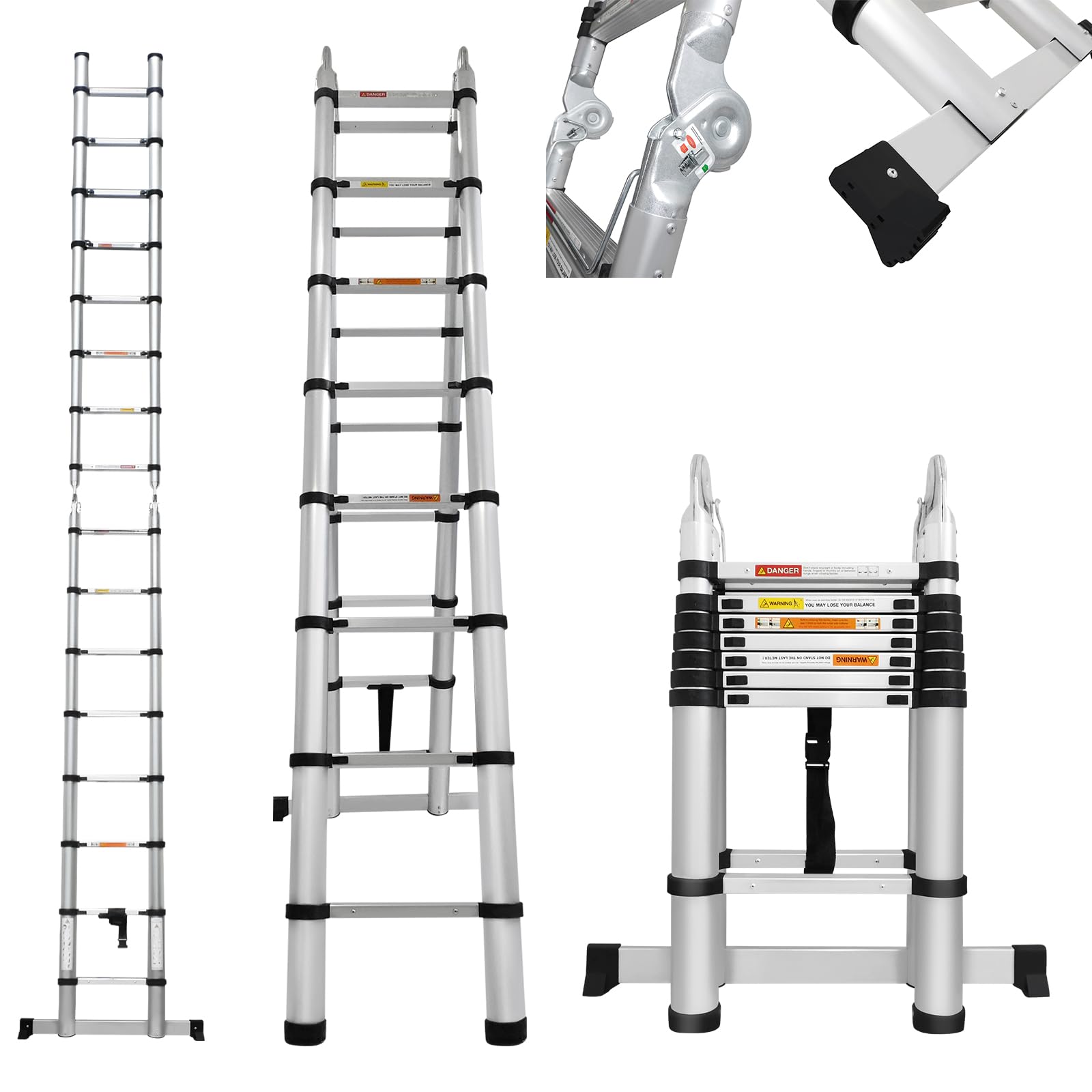 Telescopic Folding Ladder Extension Retractable Ladder,Aluminium Wall Ladder with Non-slip Foot Mats,Loft Step Ladder with Safety Balance Rod&Max Load 330lbs for Attic Access,Warehouse Work(2.5M)