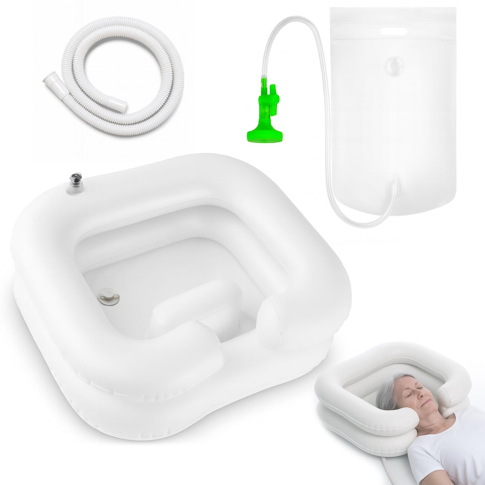 Aufblasbares Haarwaschbecken für Bettlägerige – mit Duschkopf, Wassersack & 1M Ablaufschlauch, Praktisches Haarewaschen im Bett für Schwangere, Verletzte & Patienten