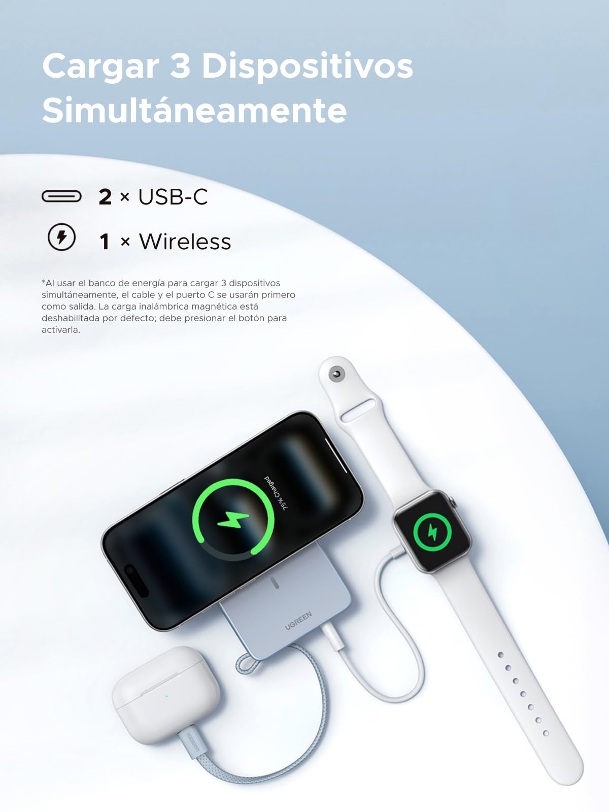 UGREEN Magflow Qi2 25W Power Bank 10000mAh con Inducción Magnética y Carga Rápida Banco Energía con Cable USB C Integrado 30W Compatible con Magsafe iPhone 17 Pro MAX Air 16 15 14 13 12 (Azul)