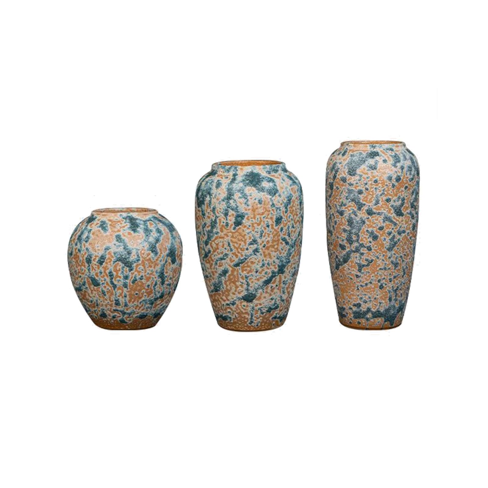 Ceramic Flower Vase Set of 3, Thickened Stoneware Vase, Ornament for Living Room, Study, Entrance Hall, Ancient Shelf, Farmhouse Decoration(Size:20 * 20 * 32CM,Color:Blue+orange)
