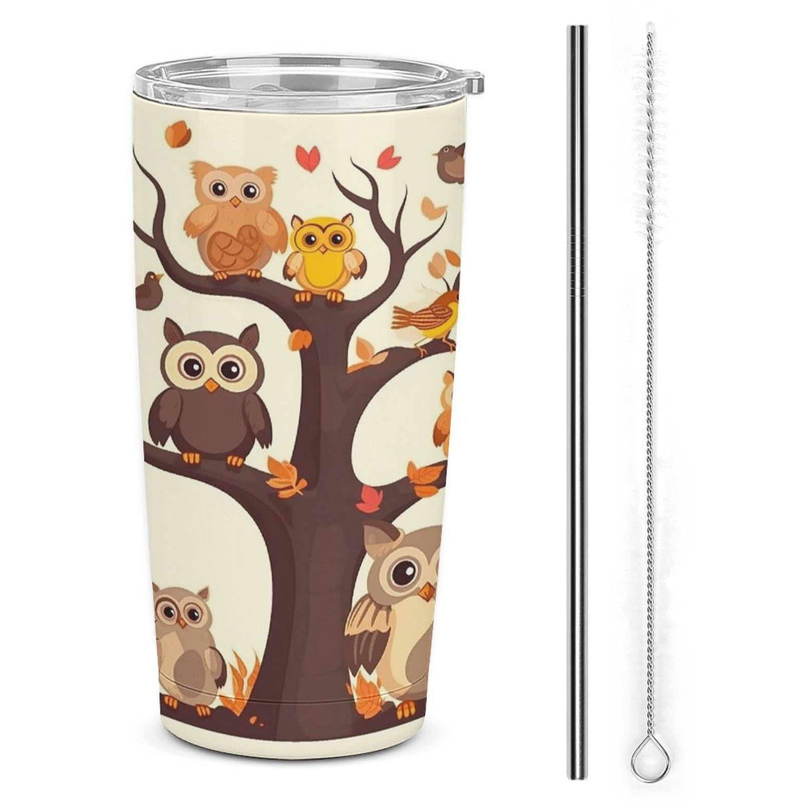 ZXDSKGYN 20 Oz Tumbler With Straw Leak Proof Thermos Cup, Cartoon Family Owls On The Brown Tree Stainless Steel Insulated Travel Coffee Mug Fit for