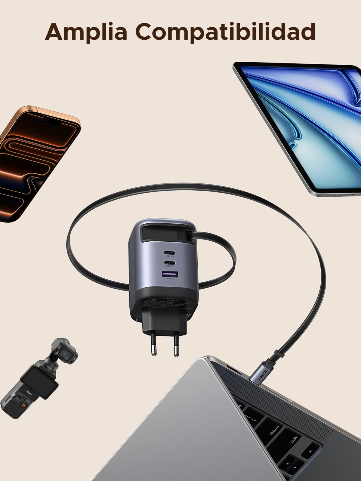UGREEN Nexode 100W Cargador USB C con Cable Retráctil Carga Rápido | 3 Puertos PD 3.0 PPS 45W Compatible con MacBook Pro Air Galaxy S26 iPhone 17 Pro Max Air 16 15 14 iPad