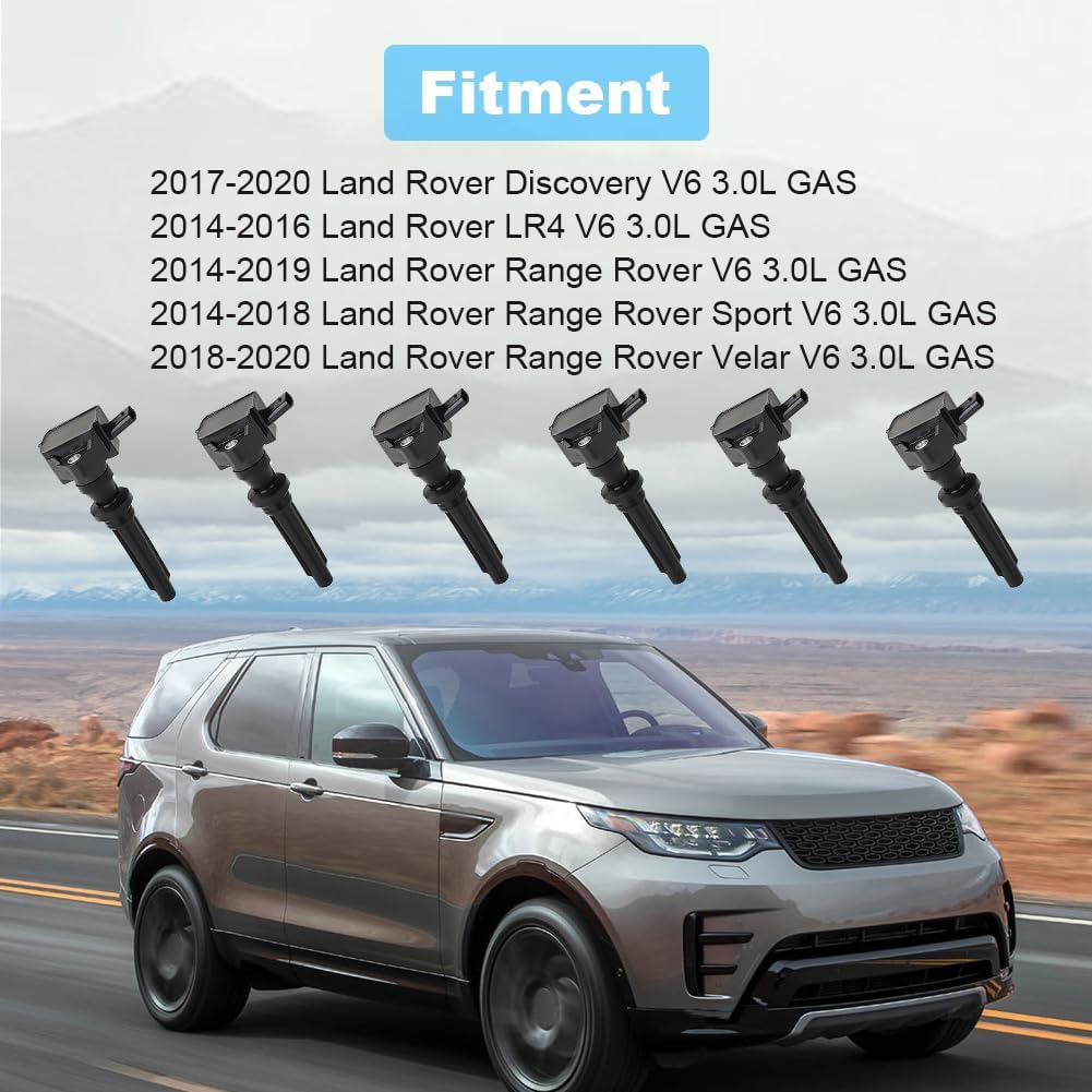 JDMON UF730 6PCS Ignition Coils Pack and Spark Plug Compatible with Land Rover Discovery 2017-2020, LR4 2014-2016 Range Rover Sport 2014-2019, Range Rover Velar 2018-2020 Replacement for LR035548
