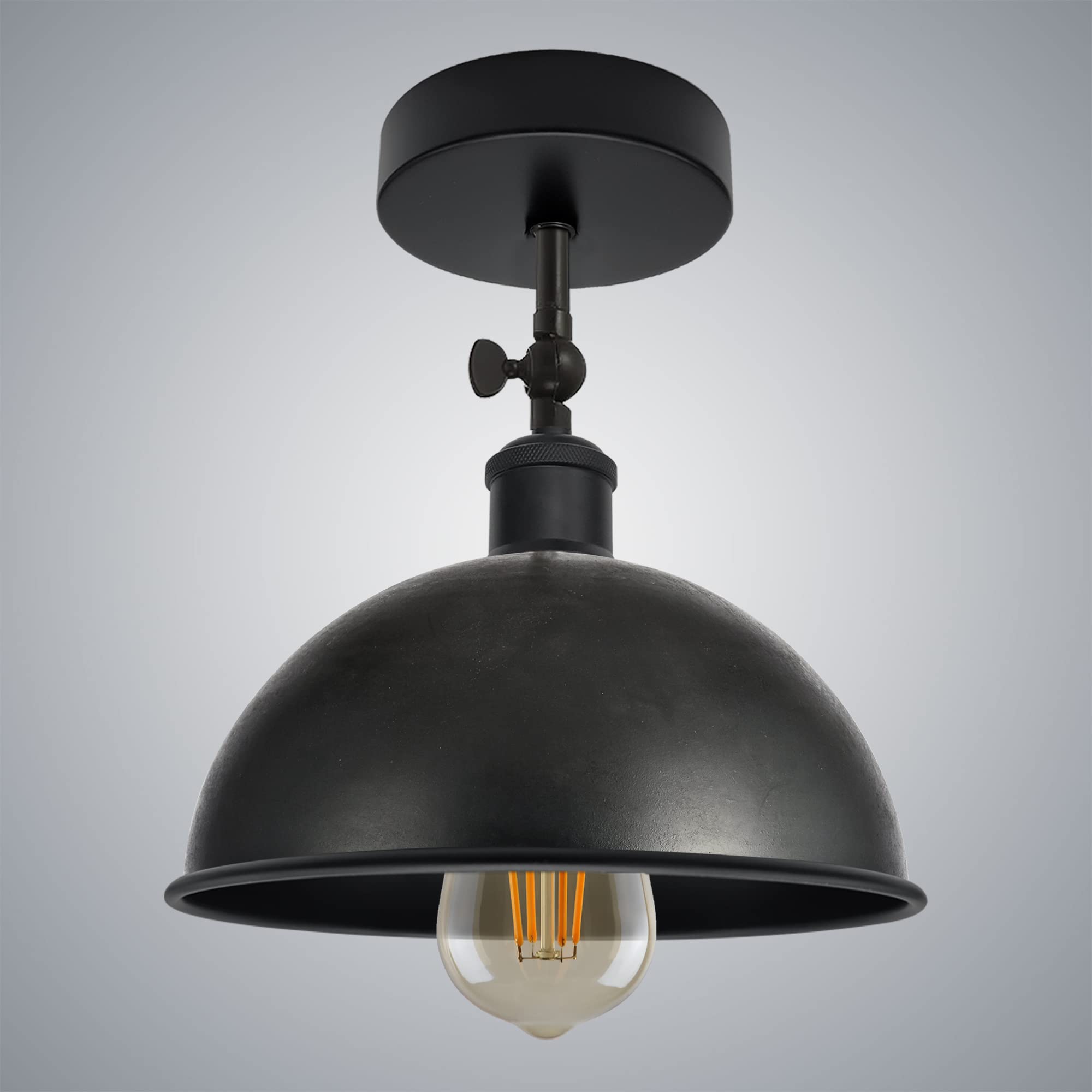 LEDSone Industrial Ceiling Flush Mount Light Fixture, Vintage Black with Bulb 180 Degree Adjustable E27 Base Socket Vintage Style Unique Shape Ceiling Mounted Light Fitting (Dome)
