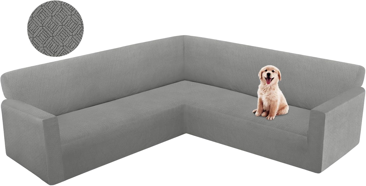 HDCAXKJ Corner Sectional Couch Cover Stretch L Shape Sofa Cover Thick Jacquard Sofa Slipcover Non Slip U Shaped Couch Cover for Sectional Sofa Pets Living Room Furniture Protector (Light Gray, Large) Large Light Gray