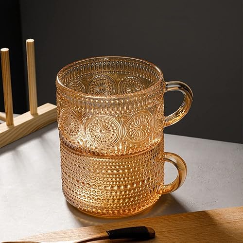 Miniatura 5 de Amzcku Tazas de café de vidrio vintage, taza de té de 14 onzas, juego de 2 vasos en relieve con asa, para capuchino, latte, cereales, yogur, bebidas