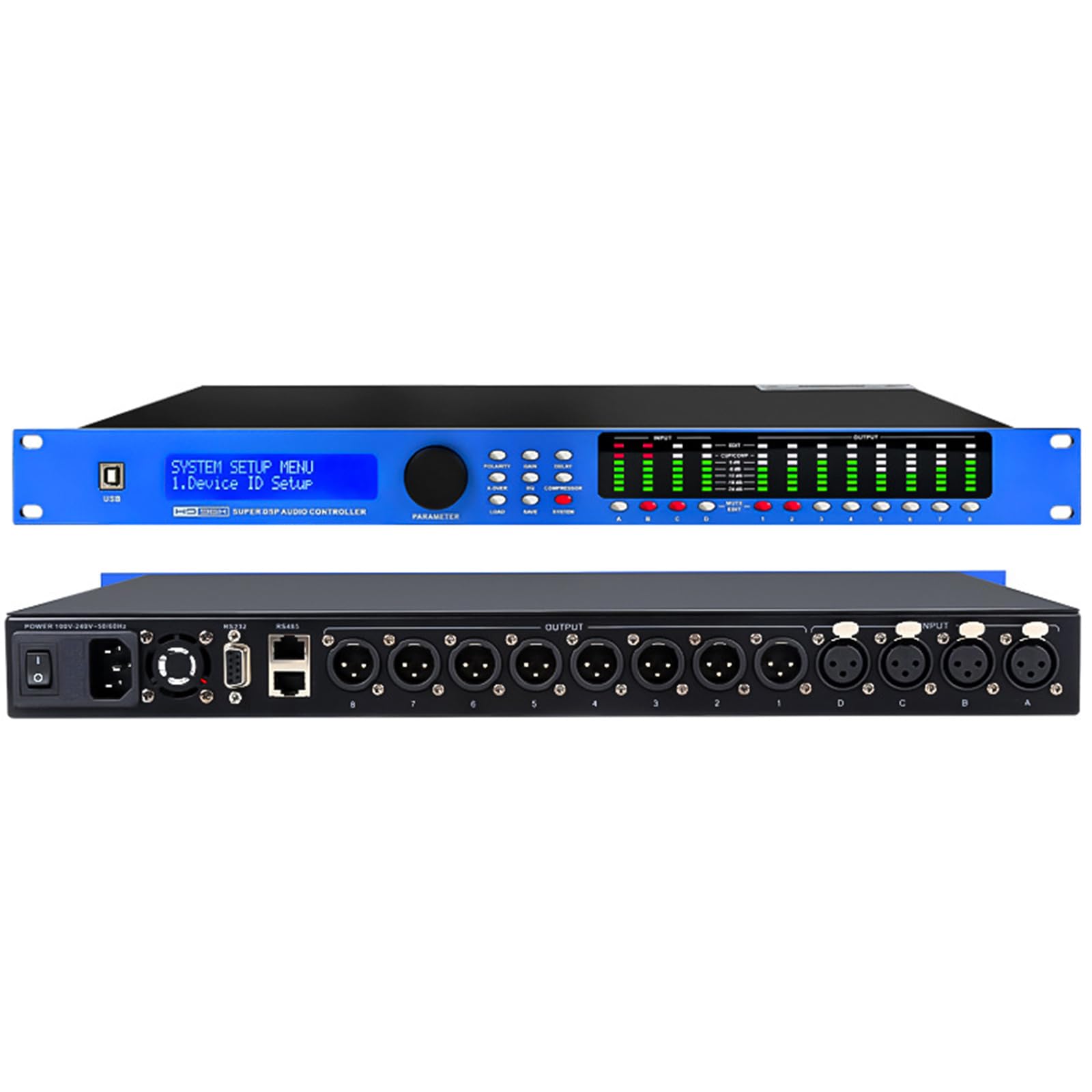 Processore Audio Professionale, Matrice all-in-One 4 Ingressi/8 Uscite con Equalizzatore a 31 Bande, Crossover, Mixer, Schermo LCD E Indicatore di Livello, Impostabile Tramite PC