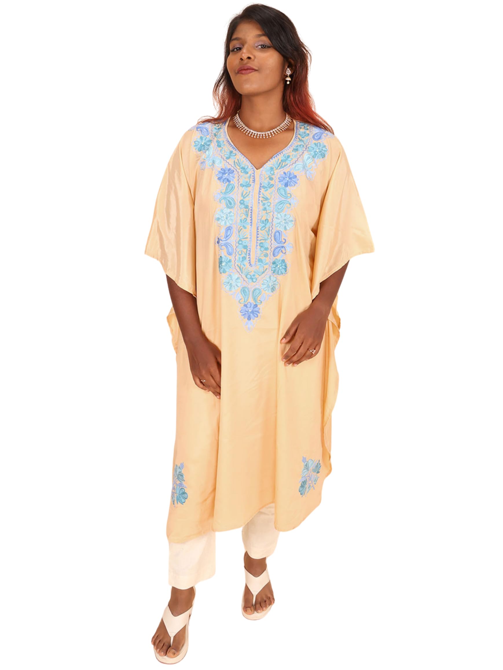 avishya Premium Sozni Blue Embroidered Crepe Silk Kaftan Loose Fit Knee Length Summer Beach Cover-Up | Stylish & Comfortable for Women and Girls (Beige-Blue)-picture-24
