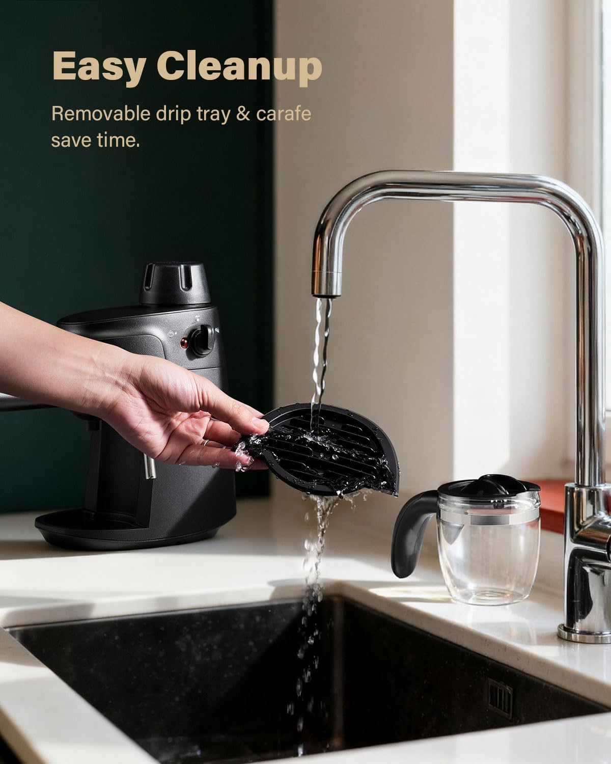 A hand removing the drip tray from the SHARDOR espresso machine for cleaning, labeled 'Easy Cleanup'.