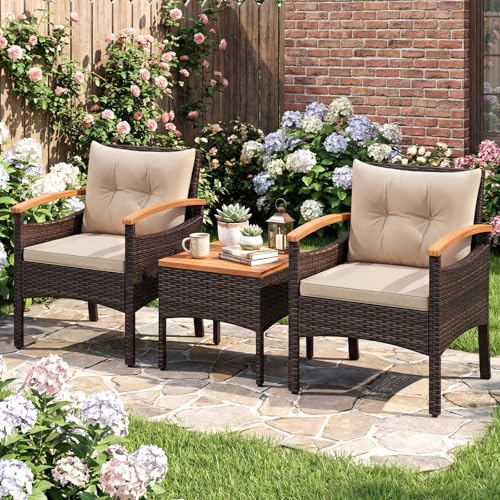 Ensemble jardin rotin PE 3 pcs acacia coussins TI92660FR COSTWAY