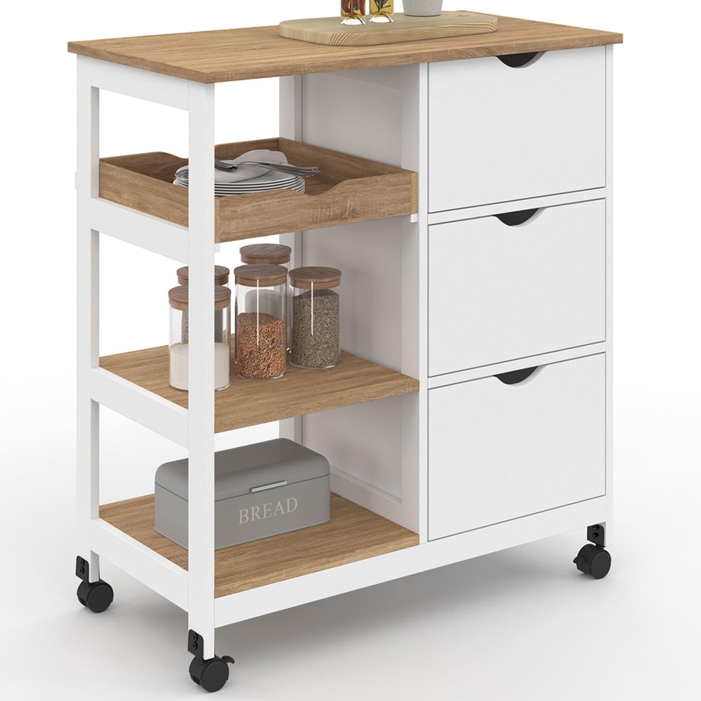 IDMarket - Carrito de cocina MUNA 3 cestas + 1 bandeja extraíble blanca y efecto haya L.76 cm
