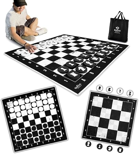 SWOOC Juegos - Juego gigante de ajedrez, damas y ajedrez 3 en 1 con alfombrilla (4 x 4 pies), lona lavable a máquina y discos de espuma grandes de 5