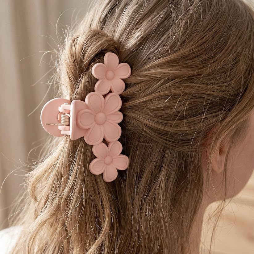 Image of Large Stylish Plastic Flower Hair Claw Clip for Women, Strong Grip Floral Hair Clutcher for Thick and Thin Hair, Elegant Hair Styling Accessory, 6 Piece