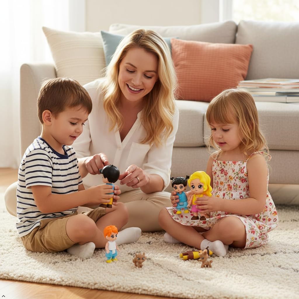 FUNERICA Dollhouse Family Figures & Pets – Poseable Family Dolls Set – Miniature Dollhouse People - Compatible Doll House Accessories for 1:12 & 1:24 Wooden & Plastic Dollhouses + Bonus Figures