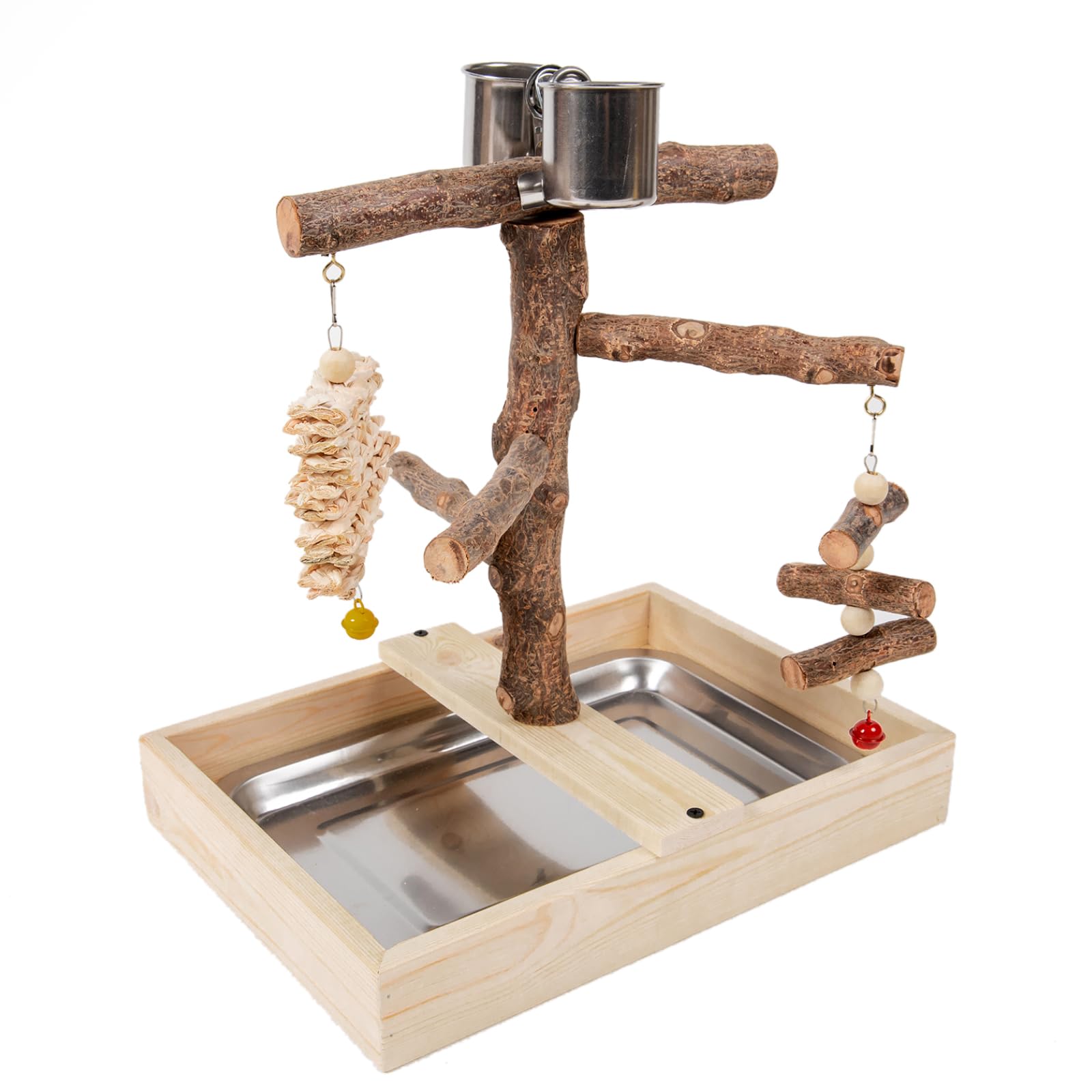 Lalariy Natural Wood Bird Play Stand with Food Bowls, Training Station with Perches and Toys, 13.8 x 9.8 inches