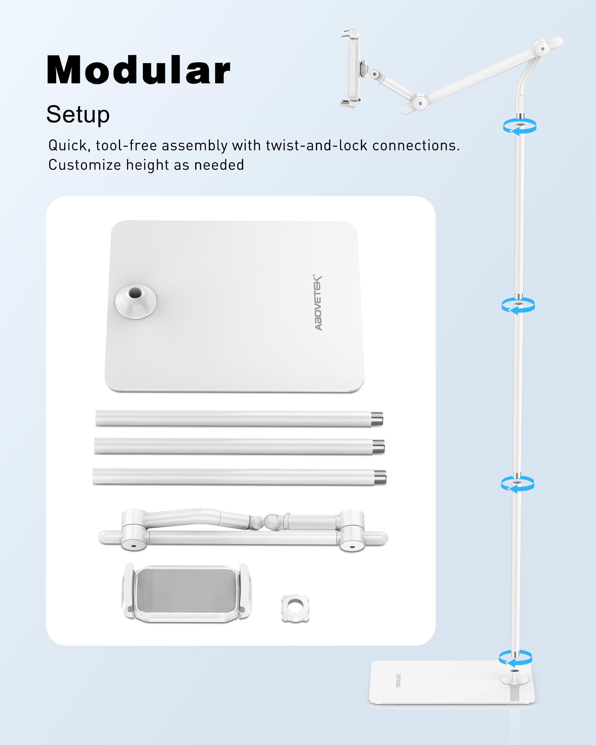 AboveTEK Tablet-Bodenständer, Stilvoller Verstellbarer iPad-Ständer, Aluminium-Halterung mit 360° Rotation für Sofa und Bett, Kompatibel mit 4,7"-13,5" Handy iPad Pro Air Mini Kindles (Weiß)