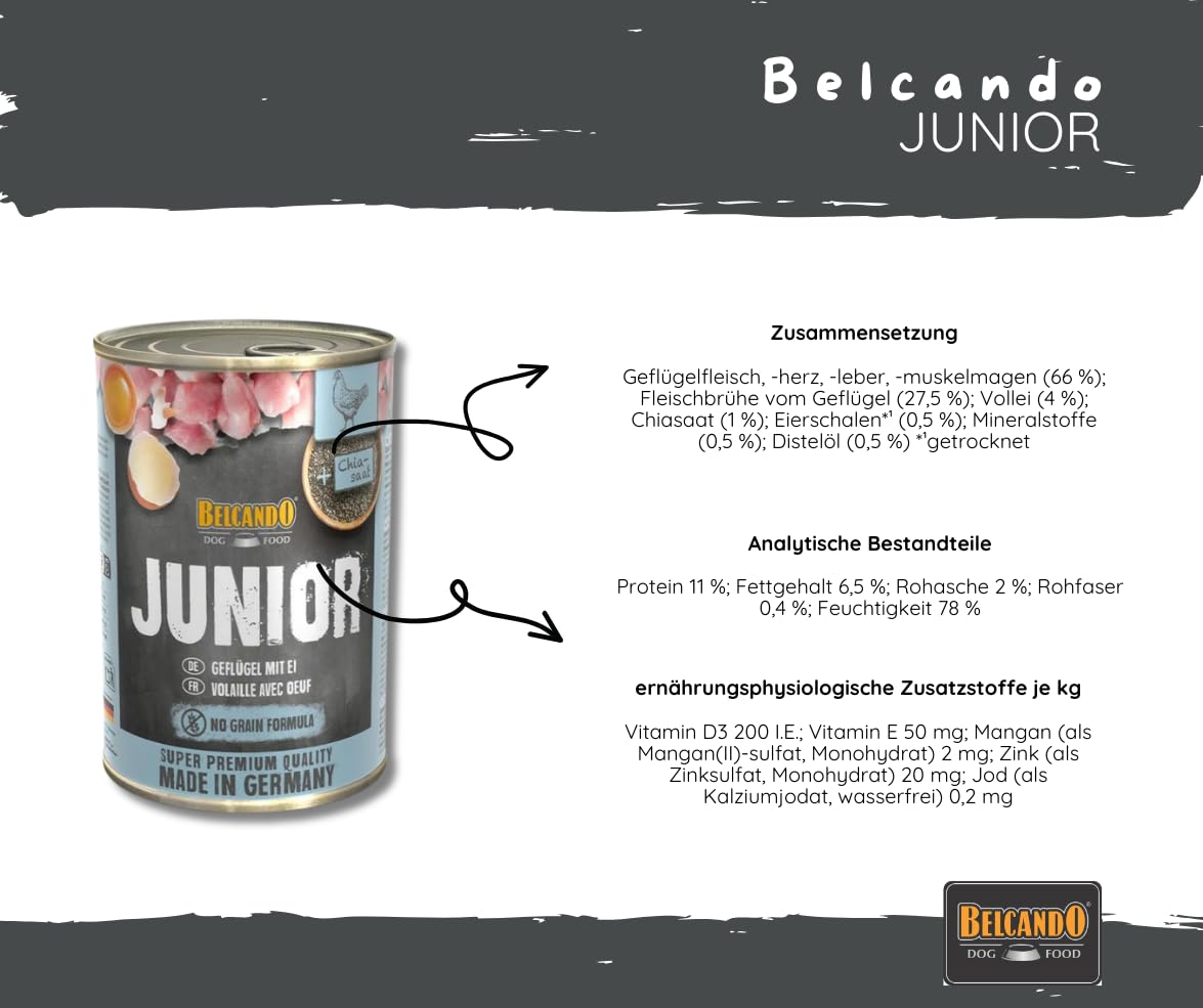 Belcando Junior Geflügel mit Ei 2x6x400g – Nassfutter für Welpen & Junghunde, hochwertiges Aufzuchtfutter mit Geflügel, schonend gegart - Hundefutter Bundle/Sparpaket - Made in Germany