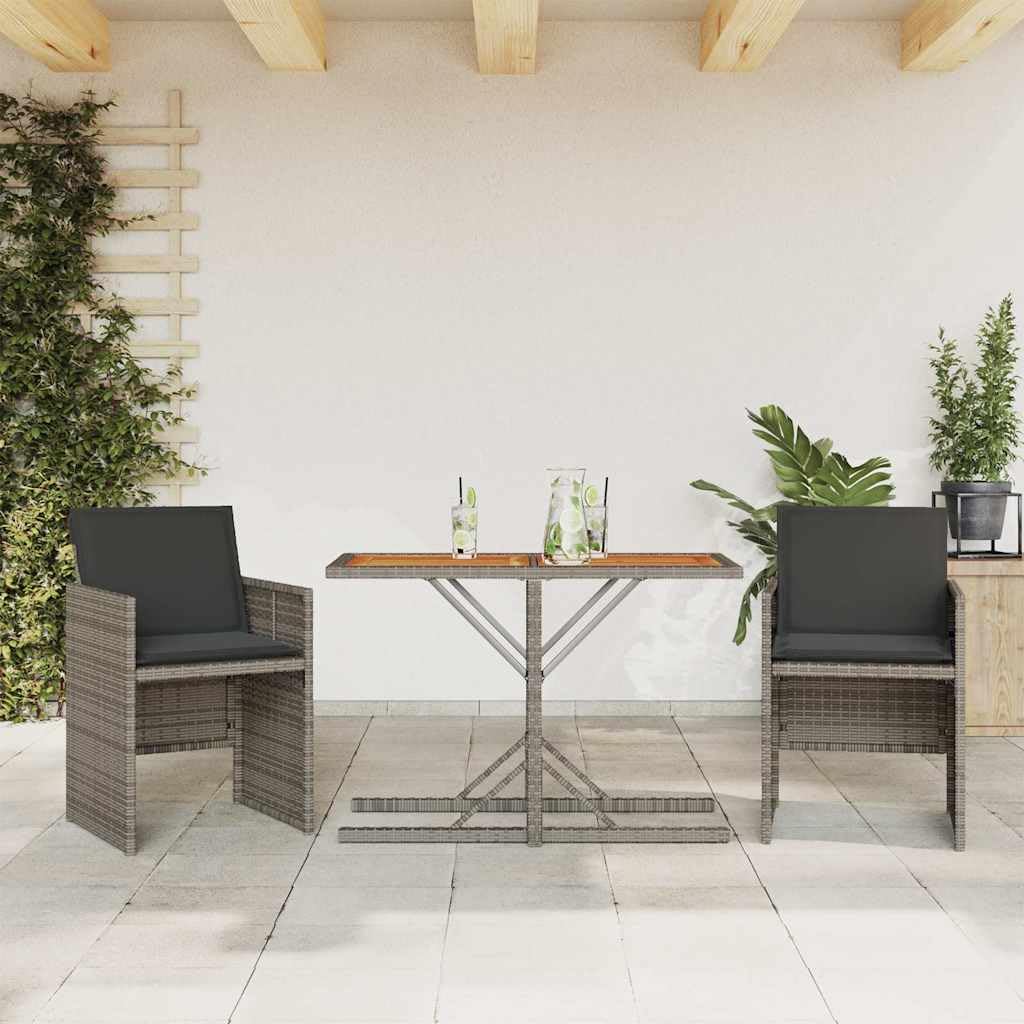 Set da 3 pezzi da bistrot con cuscino grigio, polyrattan, tavolo in legno di acacia, sedie pieghevoli per giardino, balcone, terrazza, resistente ai raggi UV