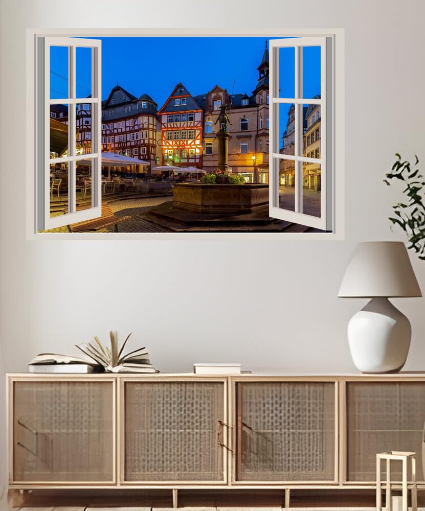 JVERF - JZZA04934 Germany Houses Evening Marburg Market Square Town| Self-Adhesive Open Window Wall Sticker