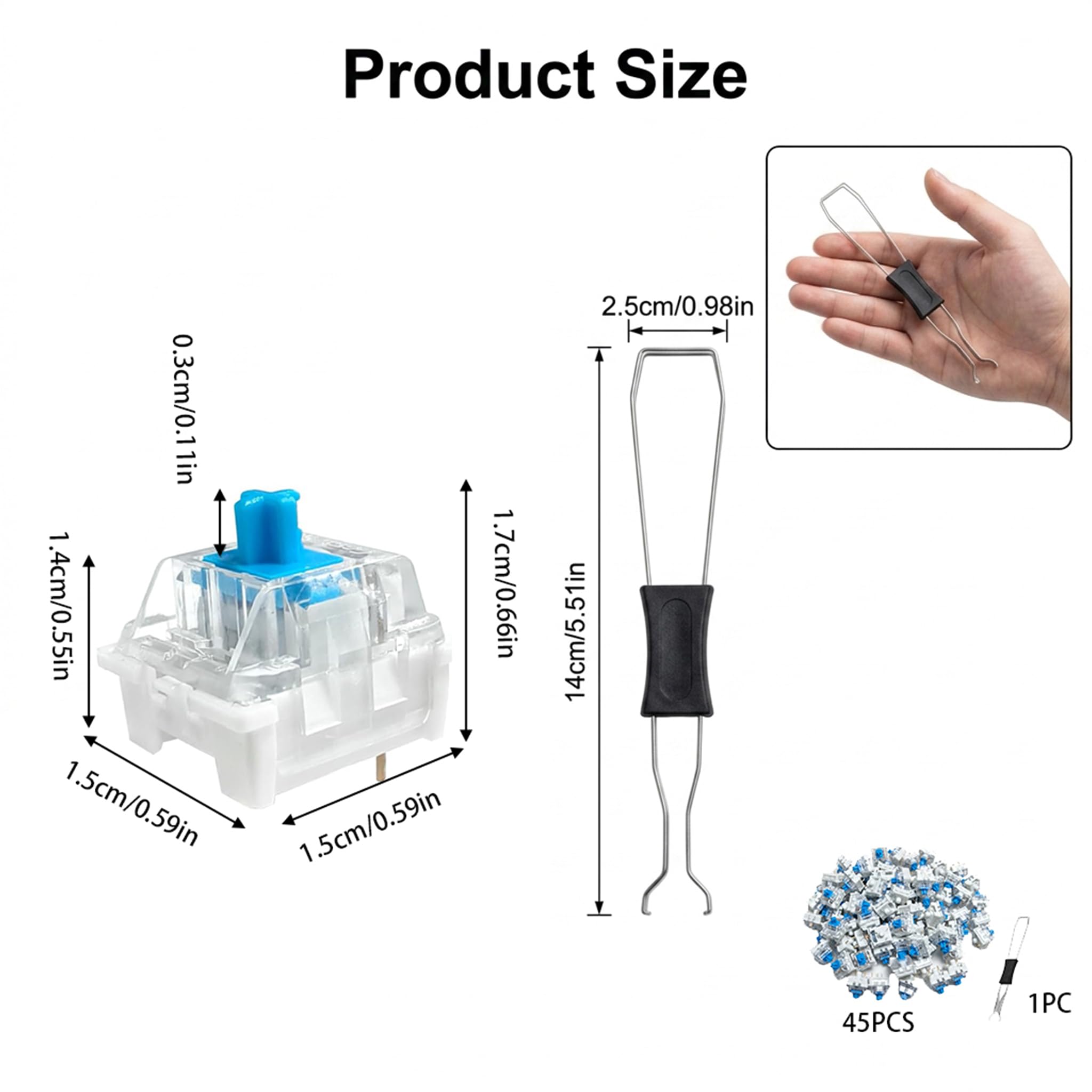Ruvan 45x KTT Blue Switches – 3-Pin, Clicky, Staubdicht, Mit Metall-Keycap-Puller, Für Mechanische Tastaturen