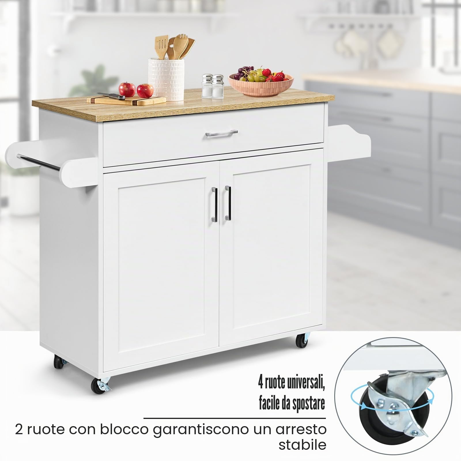 KOMFOTTEU Carrello da Cucina Ausiliario, Carrello di Servizio con Cassetto e Ripiano Regolabile, Isola da Cucina da Sala da Pranzo con Ruote Universali con Freni, in Legno, 116 x 40 x 85 cm, Bianco
