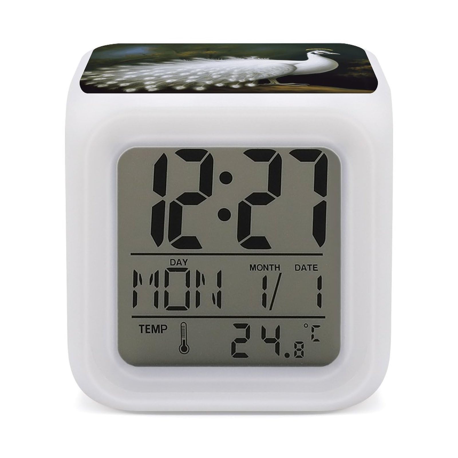 FekiLoot White Peacock Alarm Clock for Heavy Sleepers Wake Up Digital Clock with 7 Color Changing Night Light Super Loud Digital Alarm Clocks Small Machine Alarm Clocks