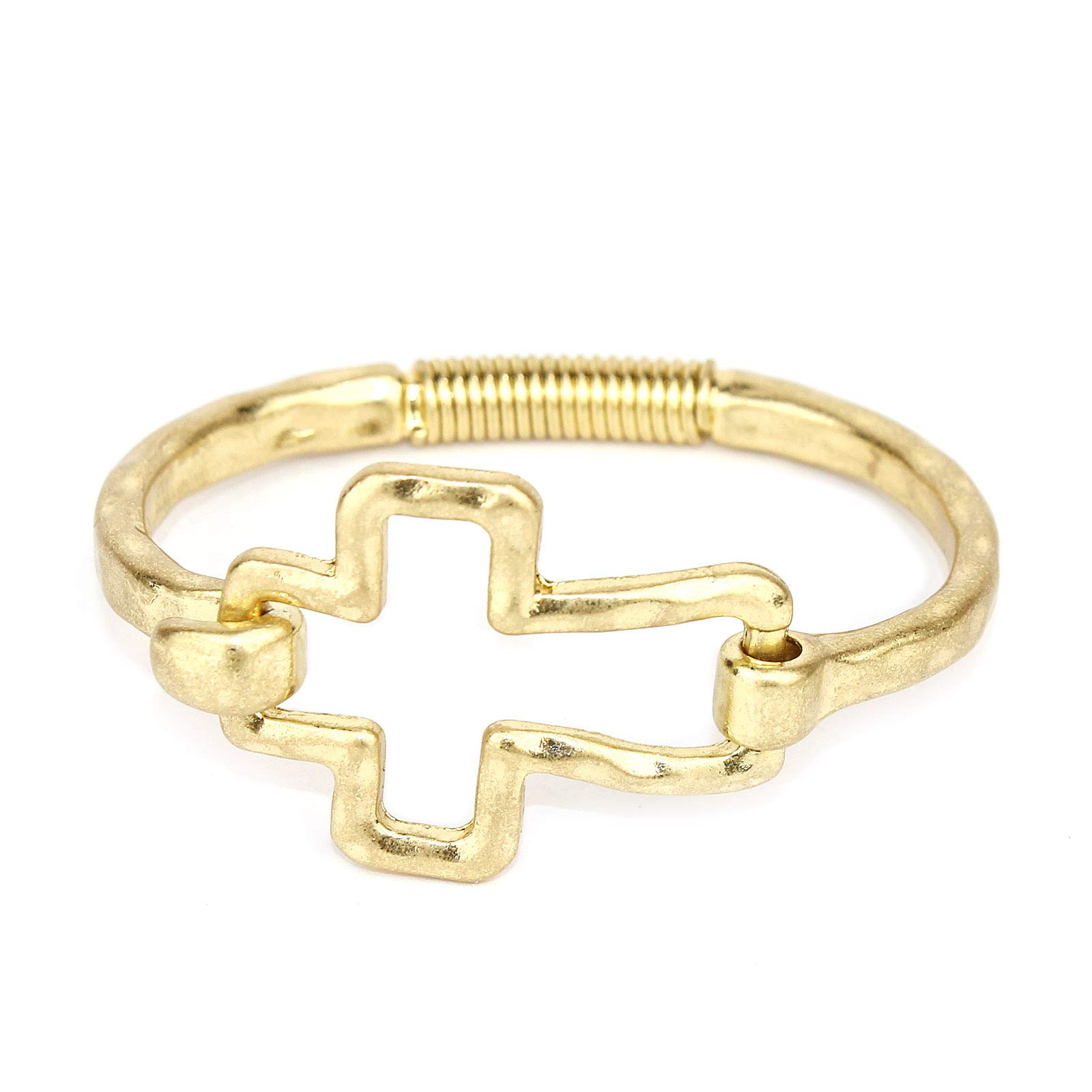 POMINA Chunky Fashion Bangle Bracelet for Women, Hammered Worn Gold & Silver Tone, Unique Style Spring Tension Hook Cuff Fashion Jewelry Gift