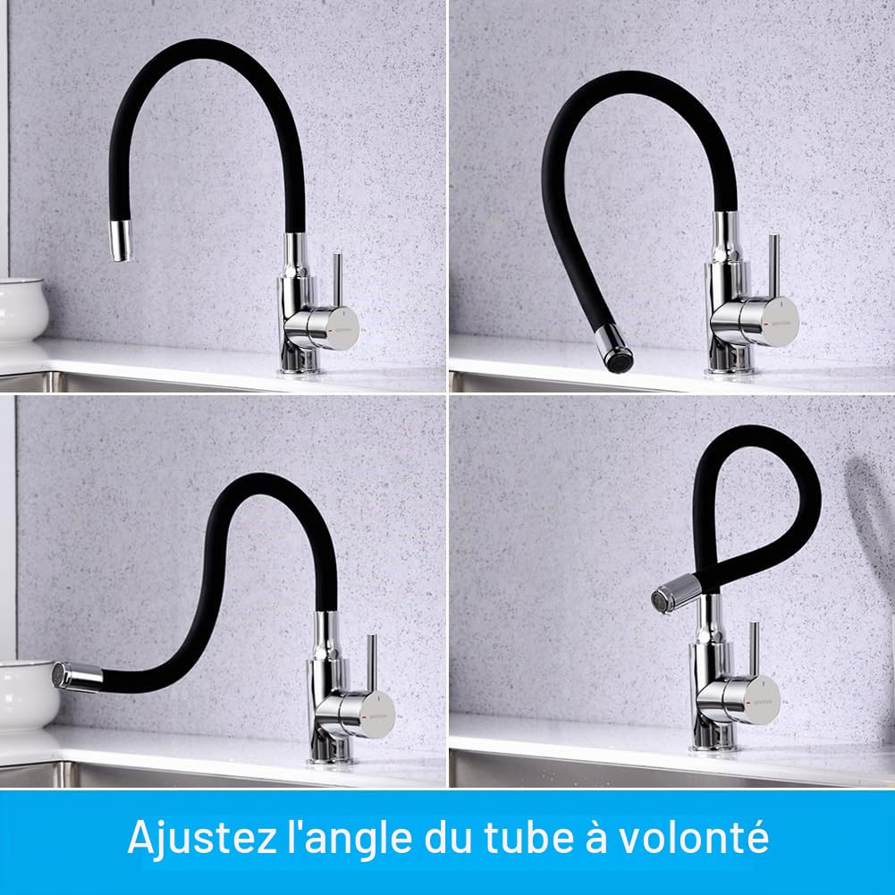 GRIFEMA Mitigeur Évier Bec Flexible Rotative 360° Chrome Noir G4002-2