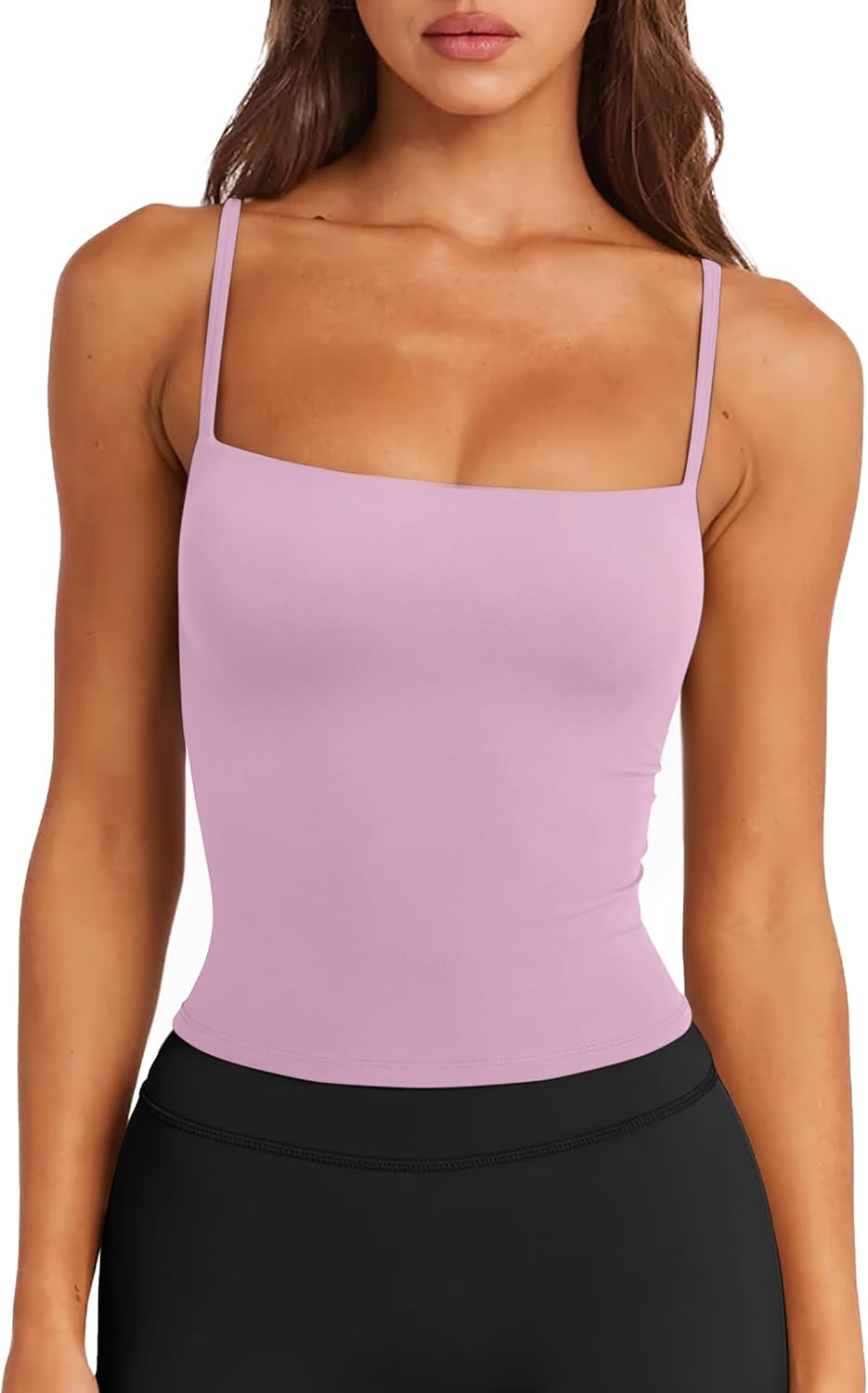 LASLULU Sports Bras for Women Square Neck Padded Adjustable Spaghetti Strap Backless Sleeveless Workout Long Tank Tops